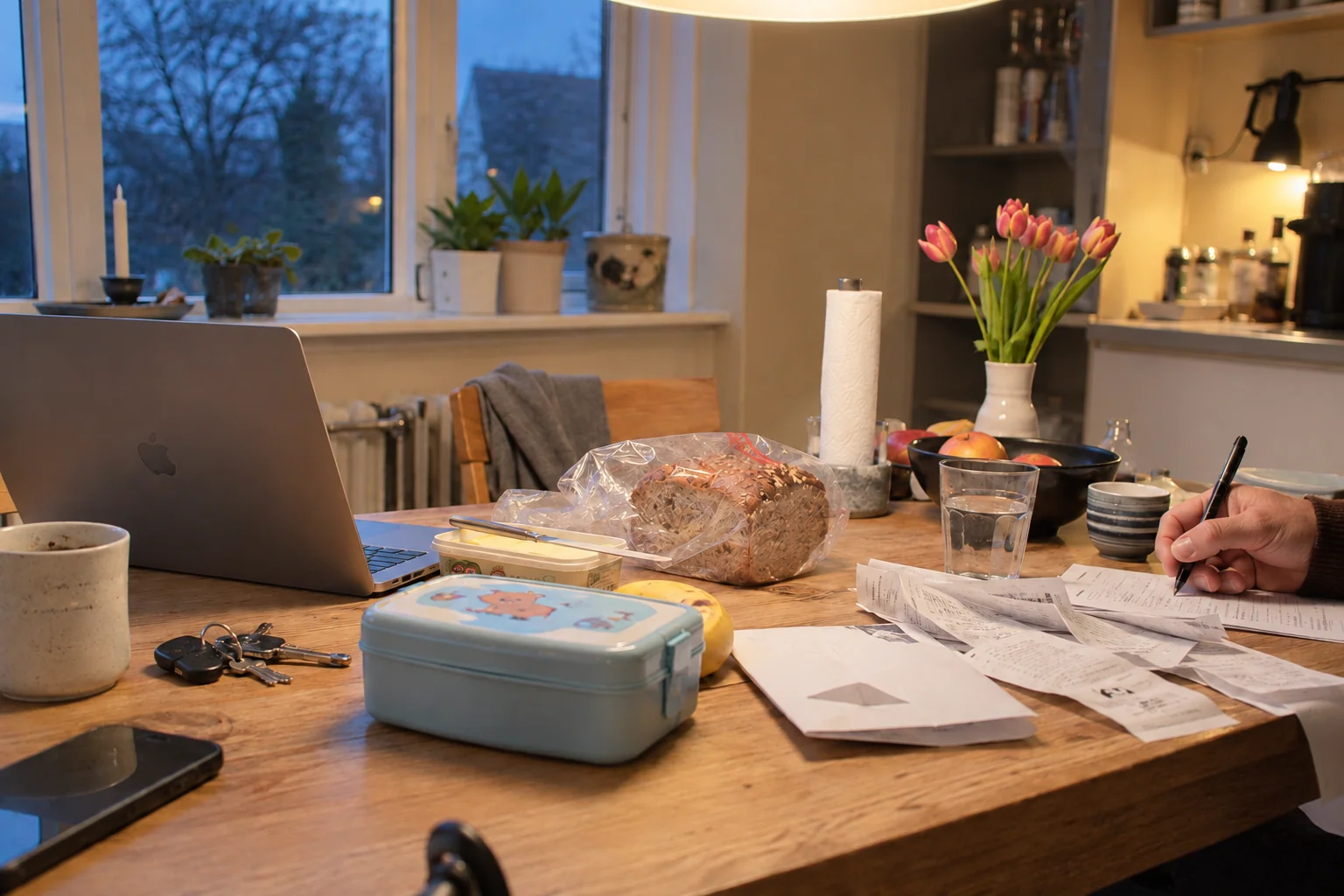 Kvitteringer, breve og en madkasse på et køkkenbord, hvor en hånd holder en pen
