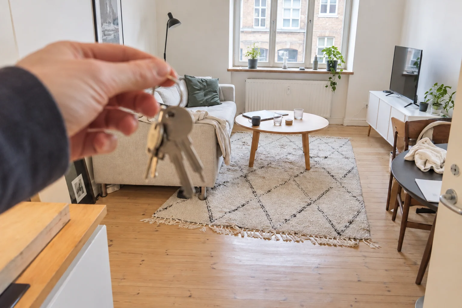 En hånd rækker husnøgler frem i en lille lejlighed med sofa og tv-møbel